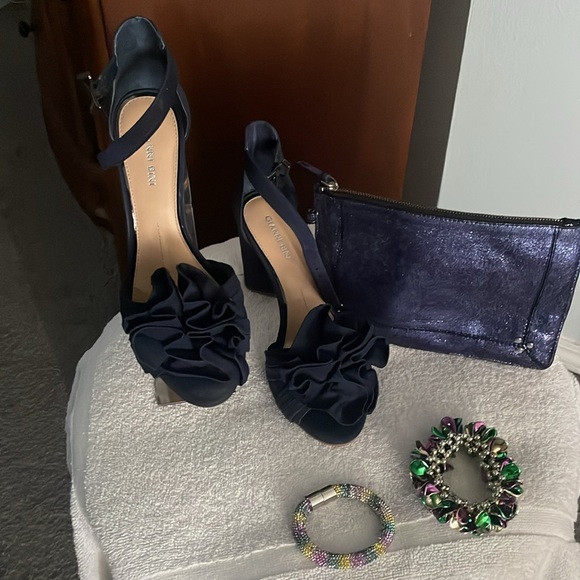 Navy Blue Nubick Upper Leather Flower Pom Detail Ankle Strap 3:39 Heel Height - Picture 2 of 3